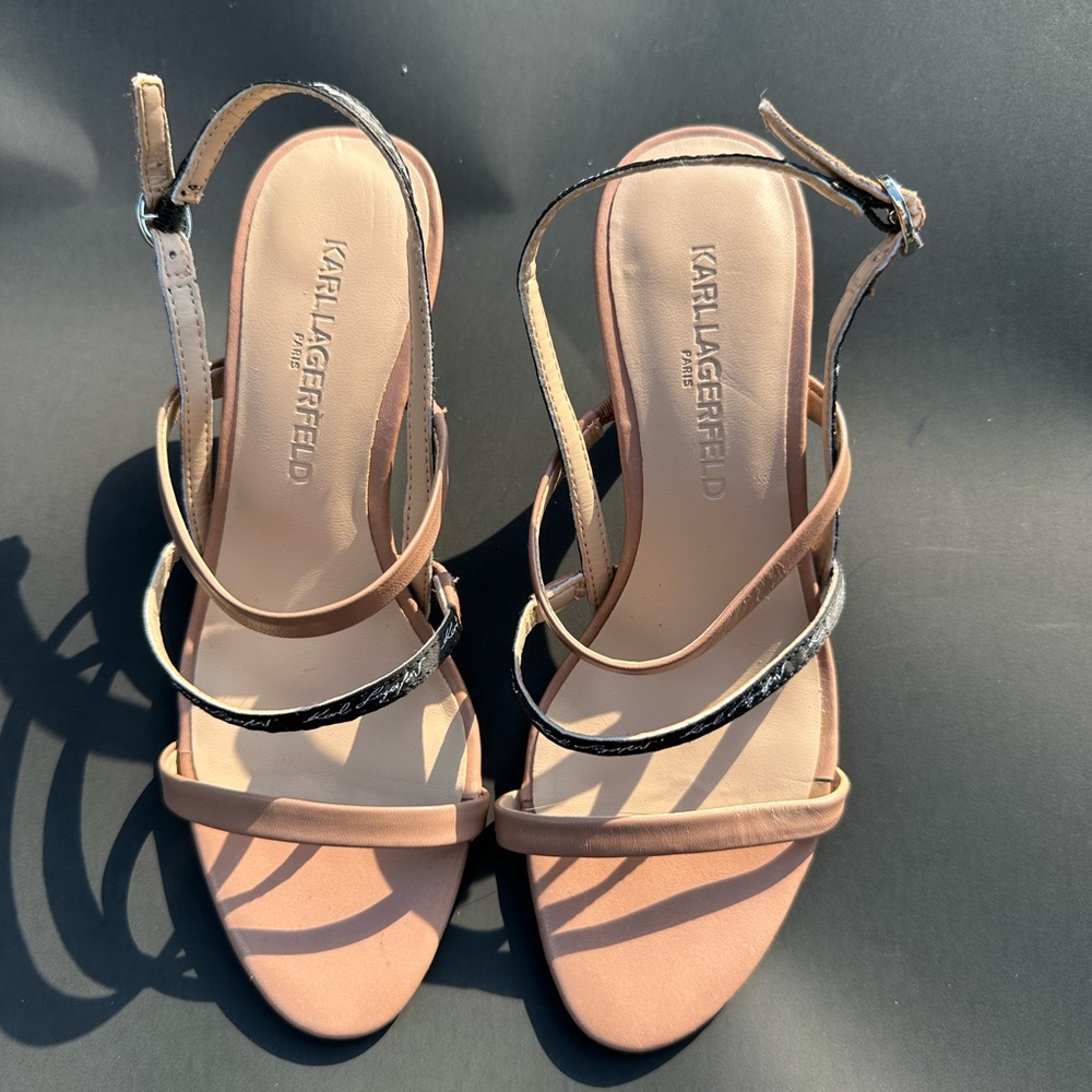 Karl Lagerfeld Black and Tan Strappy Sandals